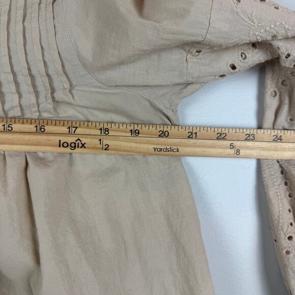 Mazik Top Womens Small Beige Button Front Eyelet Bell Sleeve Pleated Blouse Boho - Picture 7 of 8